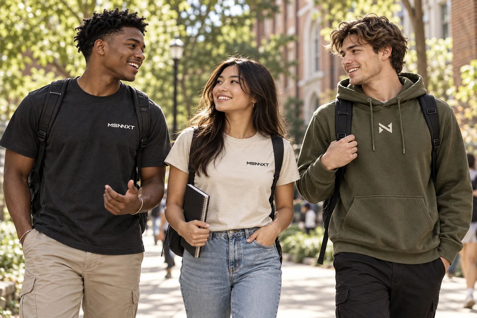 Young adults wearing MSNNXT tees and the olive hoodie on a campus walkway