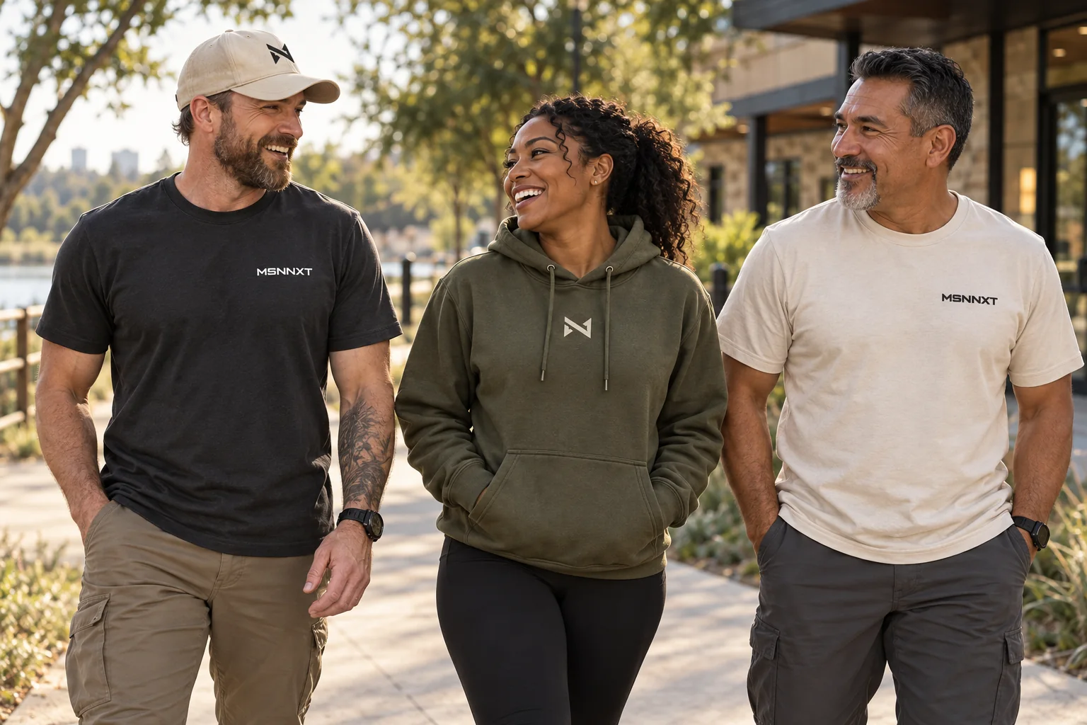 Three adults wearing the MSNNXT tee, hoodie, and cap outside a community space